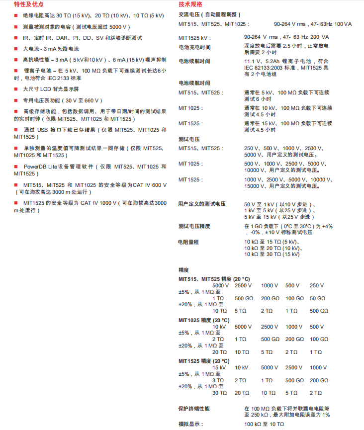 5 kV、10 kV、15 kV 直流绝缘电阻测试仪MIT515,MIT525,MIT1025,MIT1525